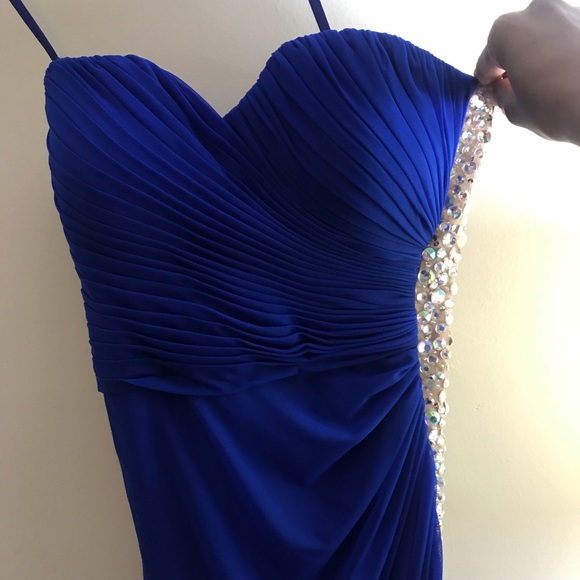 Blue formal dress w rhinestone side panel & split - Picture 2 of 4